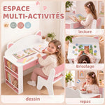 Scrivania e Sedia per Bambini 2 Pezzi, Set Tavolo per Attività, Cassetto, Libreria per Disegno, Lettura, Bianco Rosa