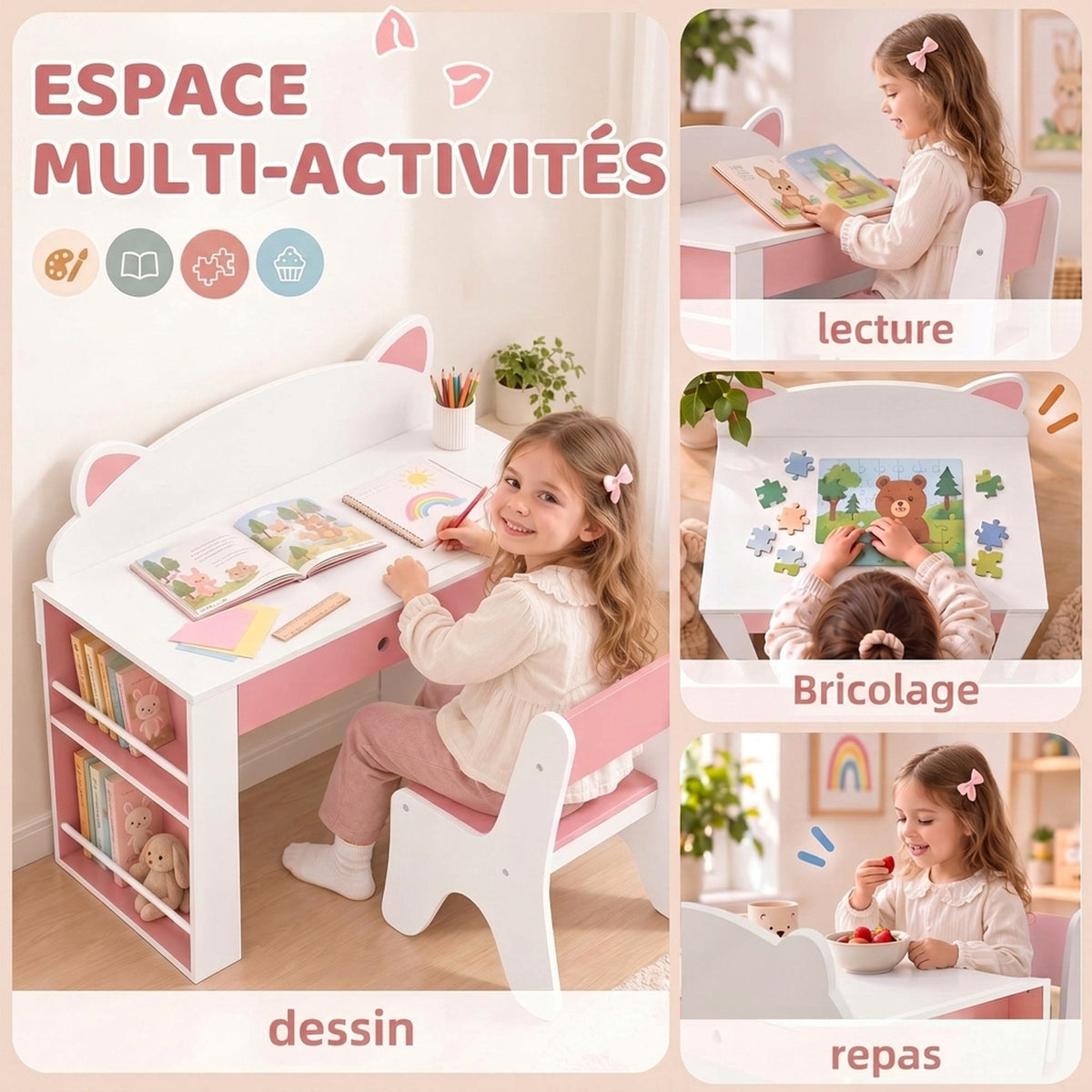 Scrivania e Sedia per Bambini 2 Pezzi, Set Tavolo per Attività, Cassetto, Libreria per Disegno, Lettura, Bianco Rosa
