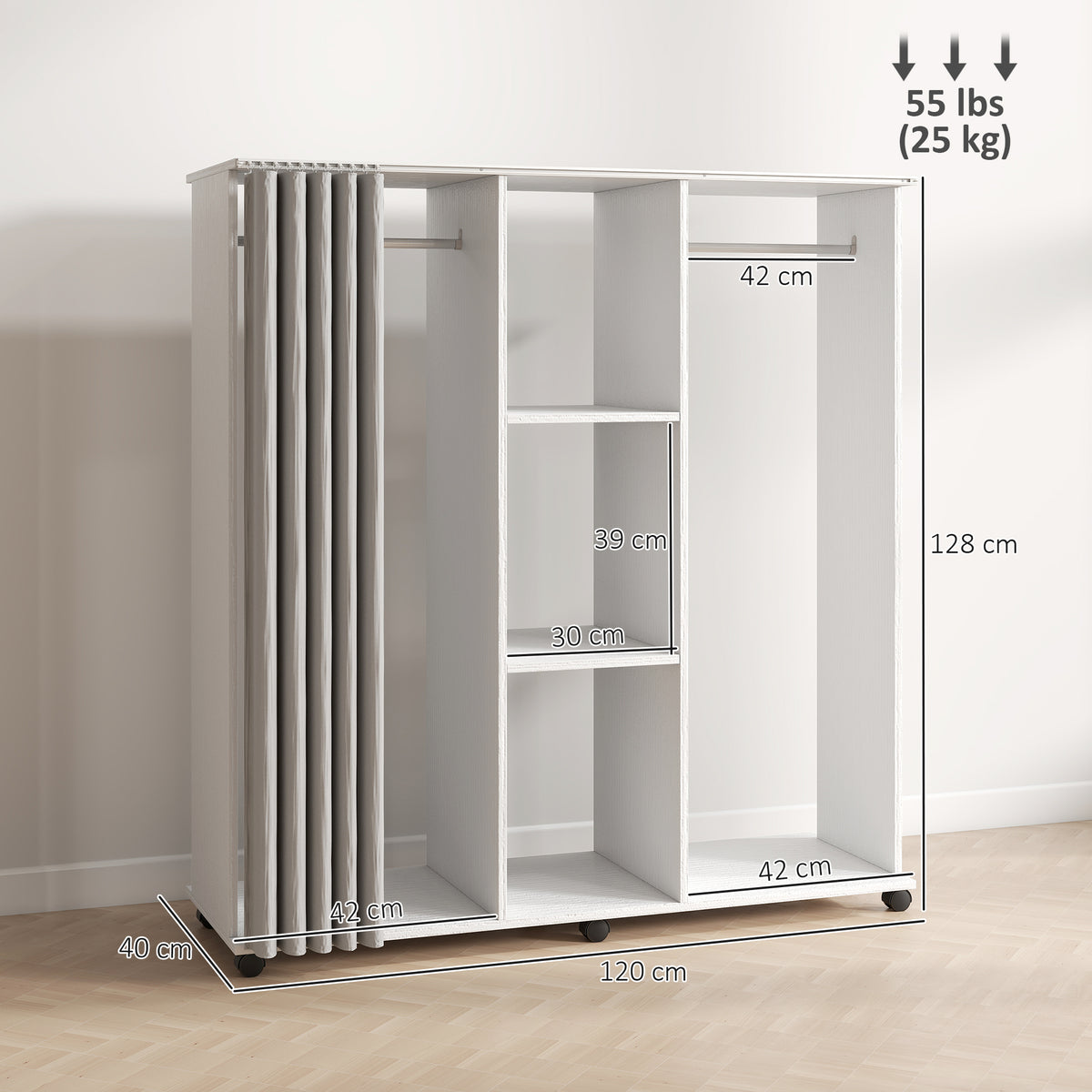 Armoire penderie Meuble de Rangement Mobile 6 roulettes 120L x 40l x 128H cm en bois blanc