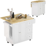 Desserte îlot de cuisineplateau rabattable 3 tiroirs 1 placard porte-torchons et porte-épices 111,5 x 75 x 89 cm blanc