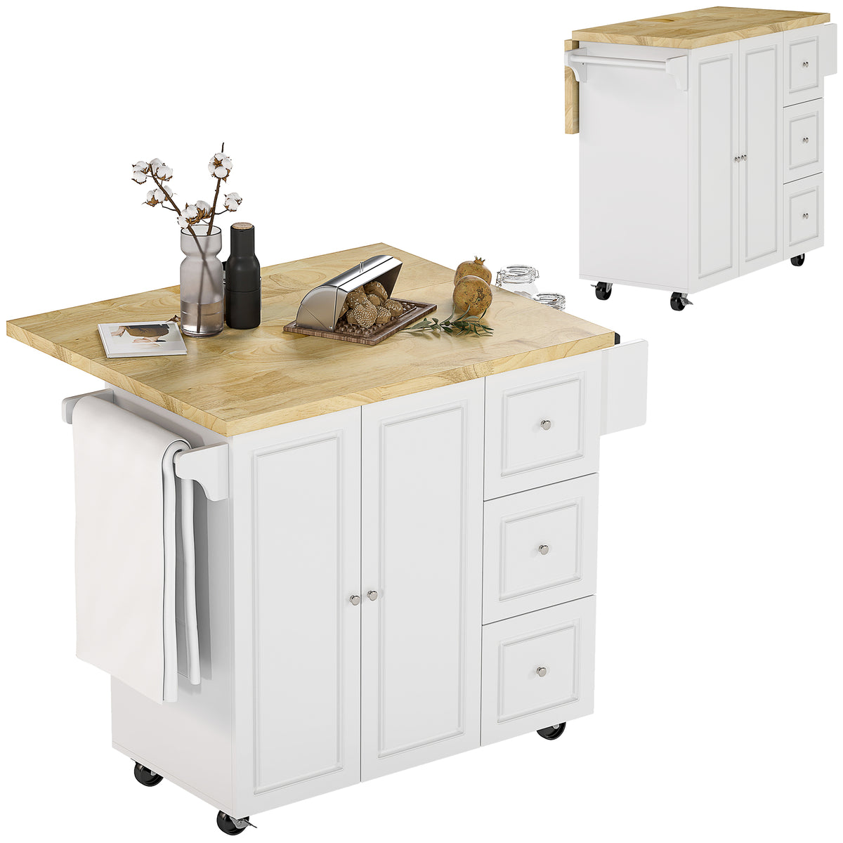 Desserte îlot de cuisineplateau rabattable 3 tiroirs 1 placard porte-torchons et porte-épices 111,5 x 75 x 89 cm blanc