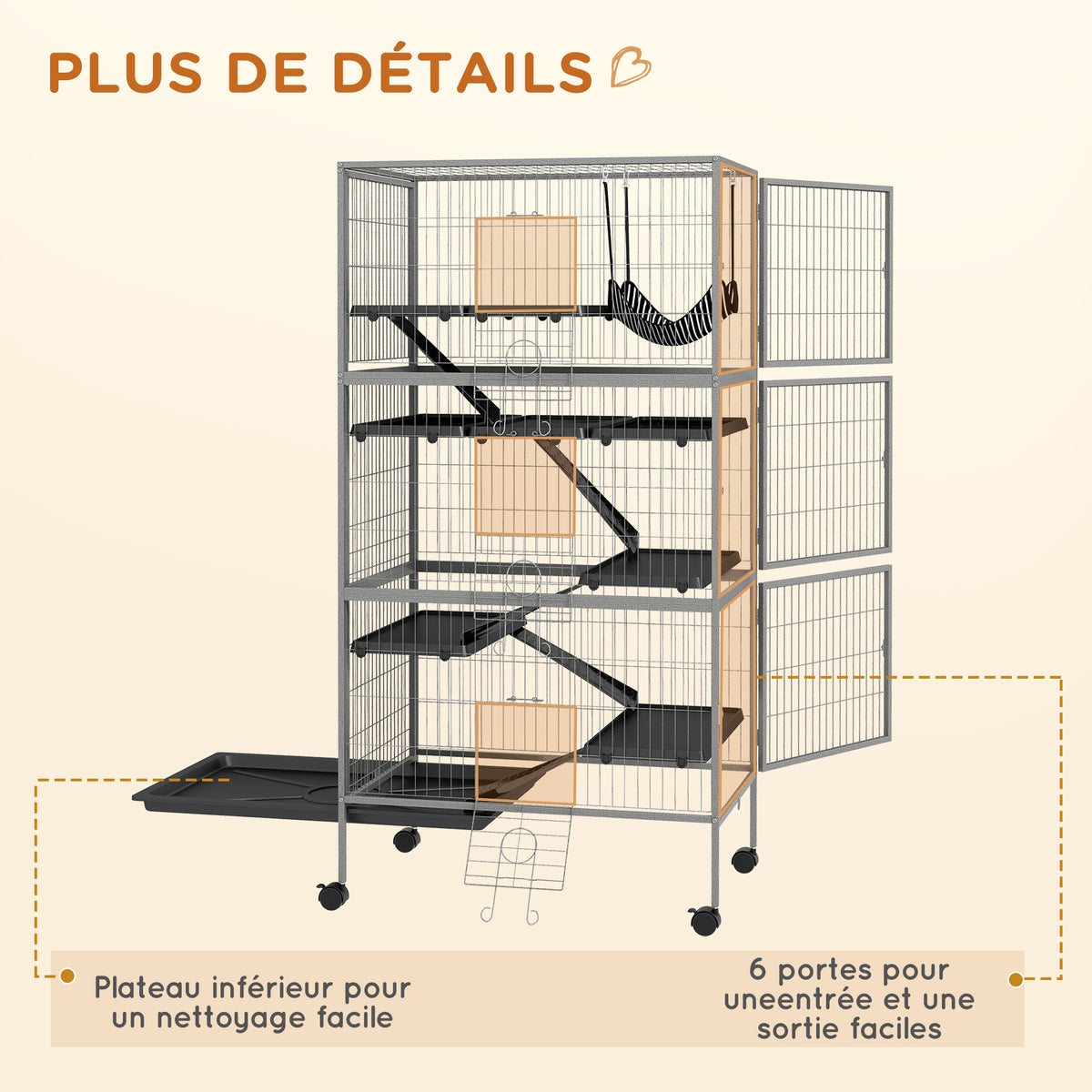 Cage pour rongeurs multifonction 4 plateformes 3 rampes 4 portes dim. 80L x 52l x 159H cm acier gris argenté noir