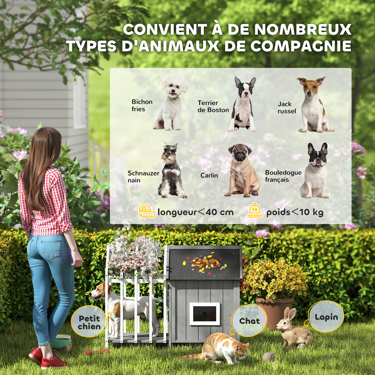 Niche pour chien extérieur en bois maison chien extérieur avec terrasse, porte à lamelles, 106 x 62,5 x 80,5 cm, gris