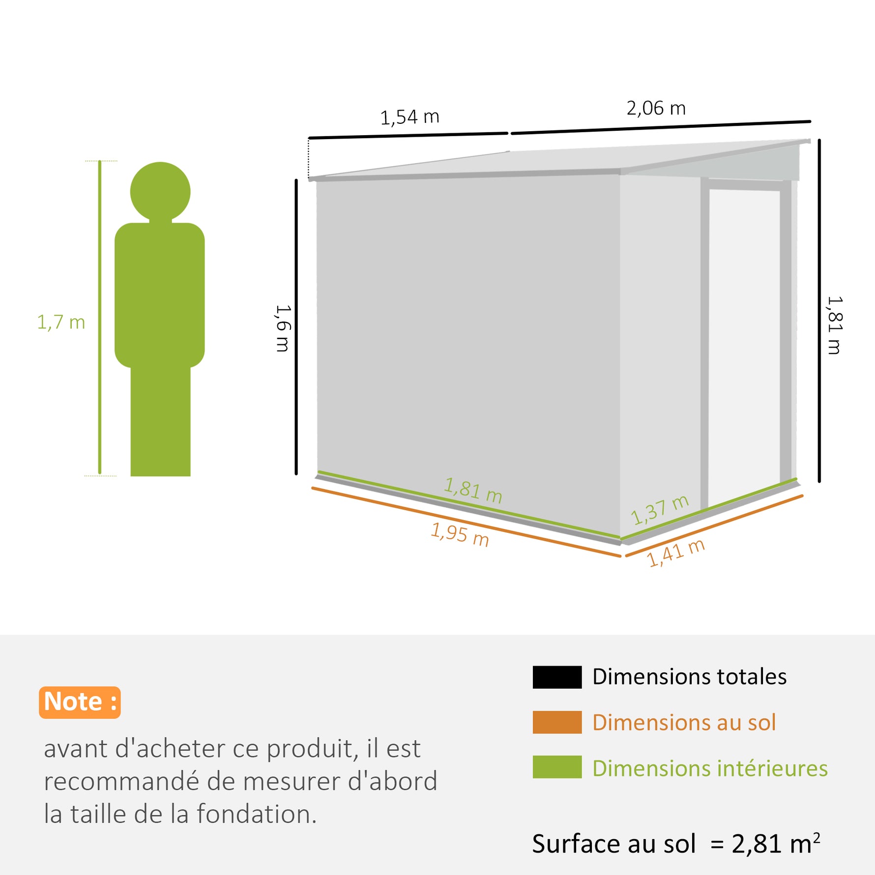 Abri de jardin 2,81 m² avec fondation, abri à outils extérieur adossé en acier galvanisé, 154x206,5x181cm, gris foncé