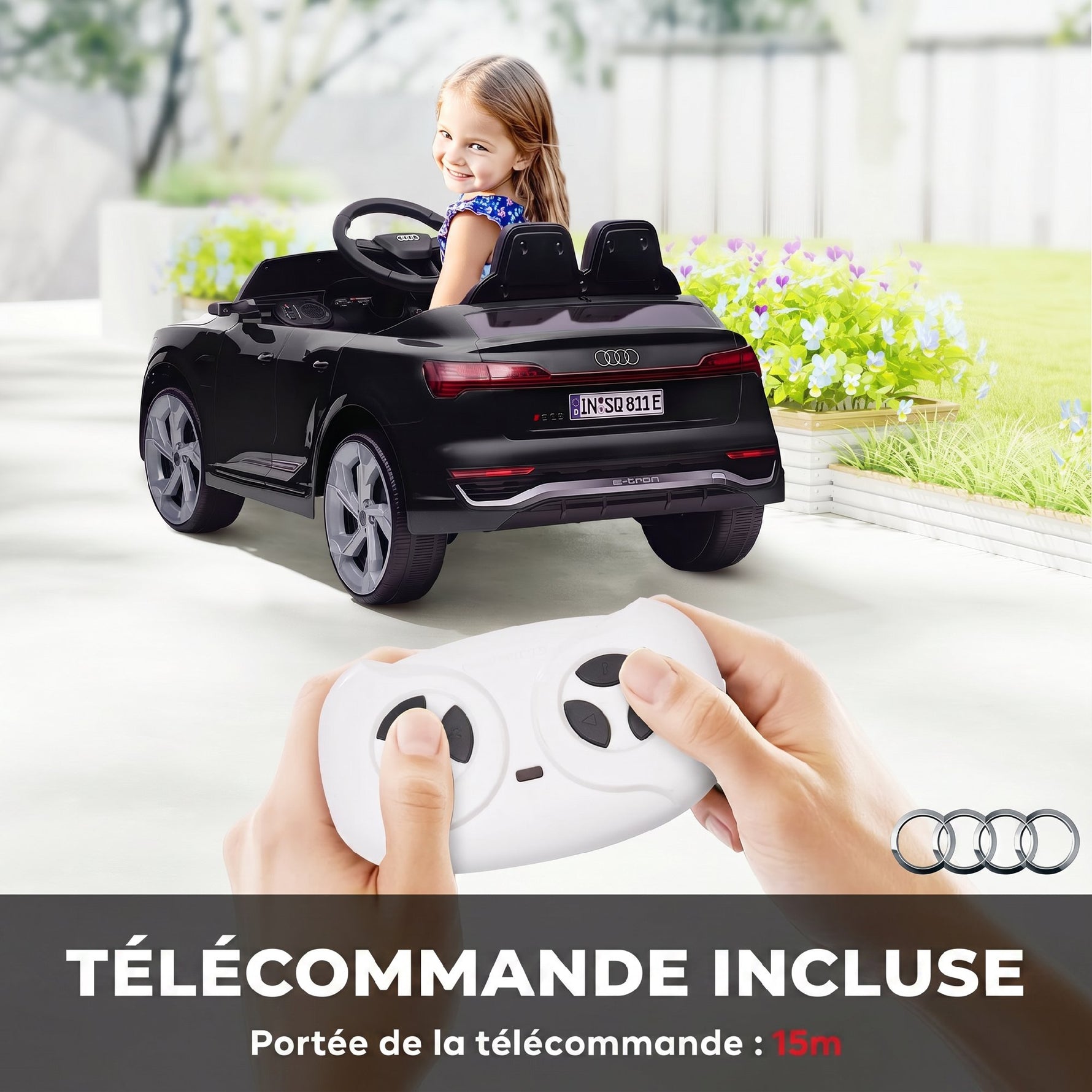 Voiture électrique pour enfants Licence Audi Q8 e-tron Sportback 12V télécommande, phares, musique, klaxon, 3-4 ans noir