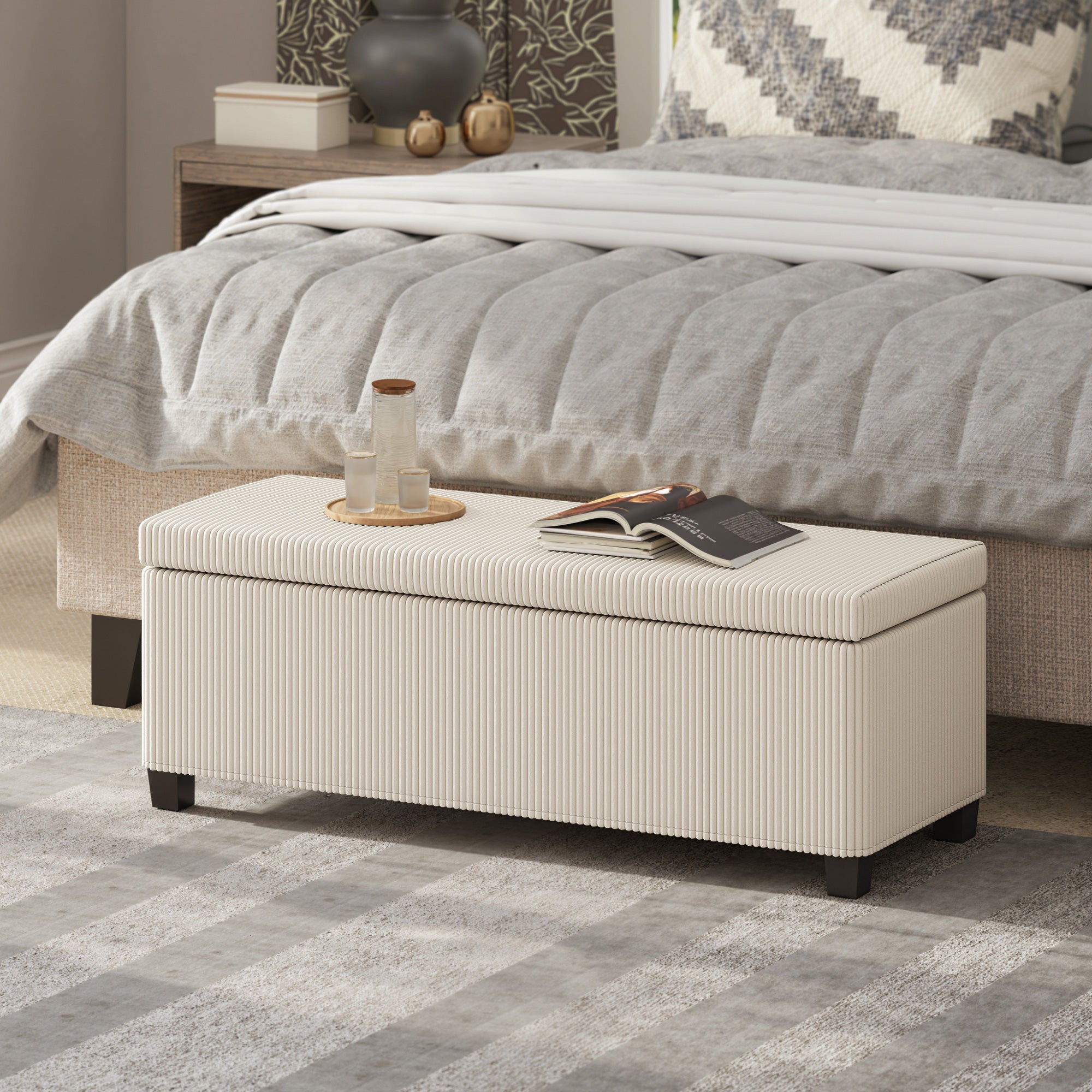 Banc de rangement bout de lit en velours côtelé avec couvercle, pour salon, chambre, entrée, 112 x 42 x 40 cm, beige