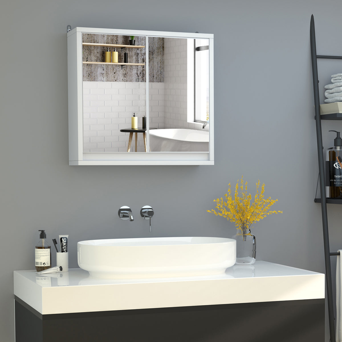 Armoire Murale Miroir Salle de Bain 2 étagères dim. 48L x 14l x 45H cm Panneaux Particules MDF Blanc