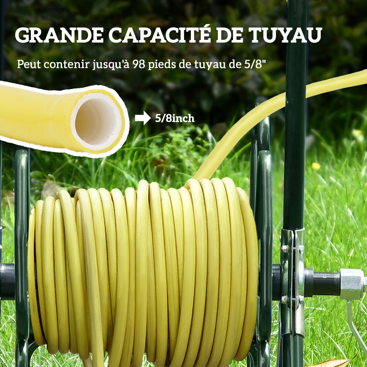 Dévidoir de tuyau d'arrosage sur roues capacité 30 m de tuyau de Ø 16mm dévidoir chariot enrouleur métal vert