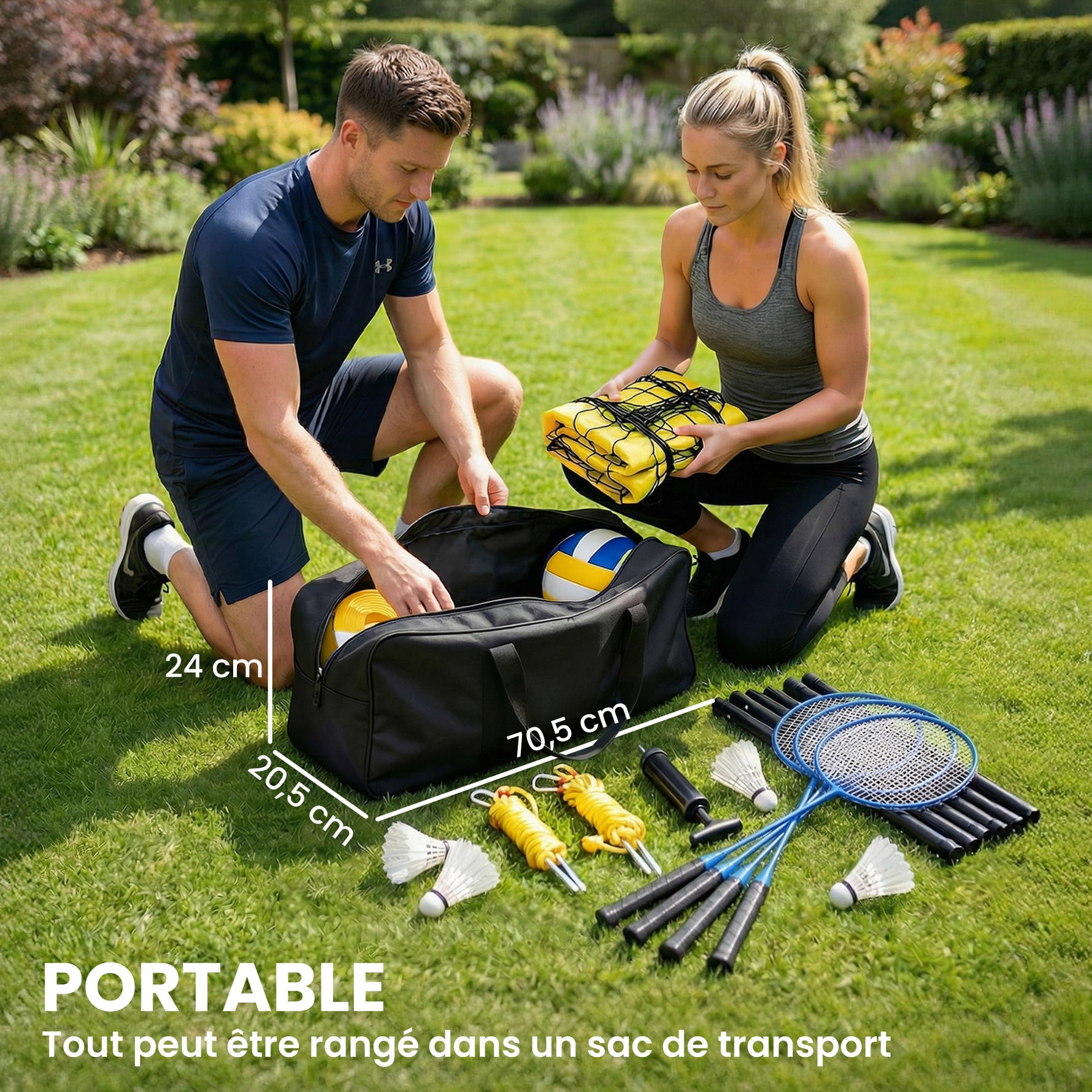 Ensemble de Volley-Ball et Badminton, Poteaux en Acier Hauteur Réglable, Sac de transport, pour Pelouse Plage Jardin
