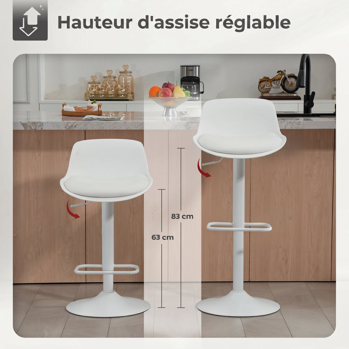 Lot de 2 tabourets de bar, tabourets hauts cuisine avec siège pivotant et hauteur réglable, 43 x 45 x 100 cm, blanc