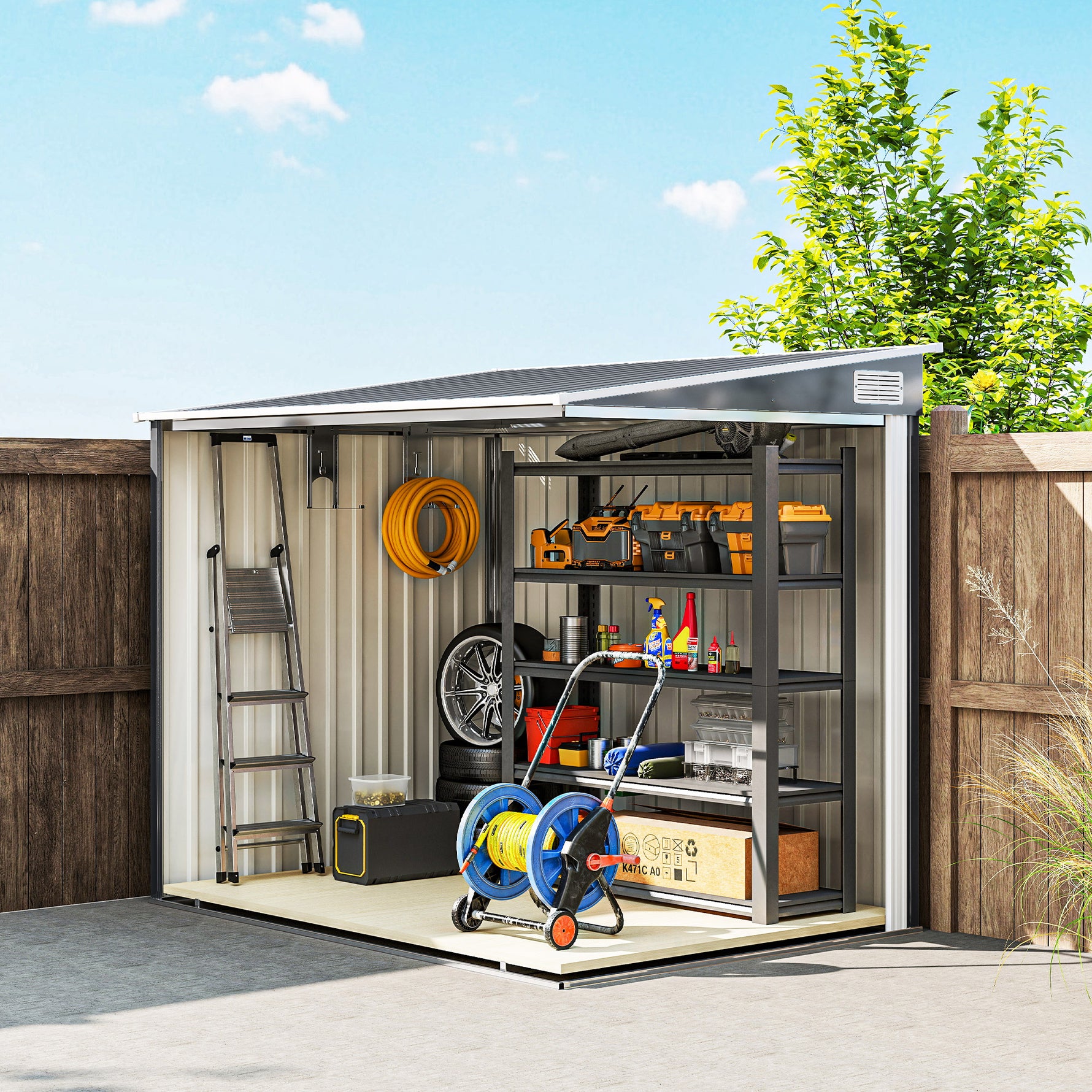 Abri de jardin 2,81 m² avec fondation, abri à outils extérieur adossé en acier galvanisé, 154x206,5x181cm, gris foncé
