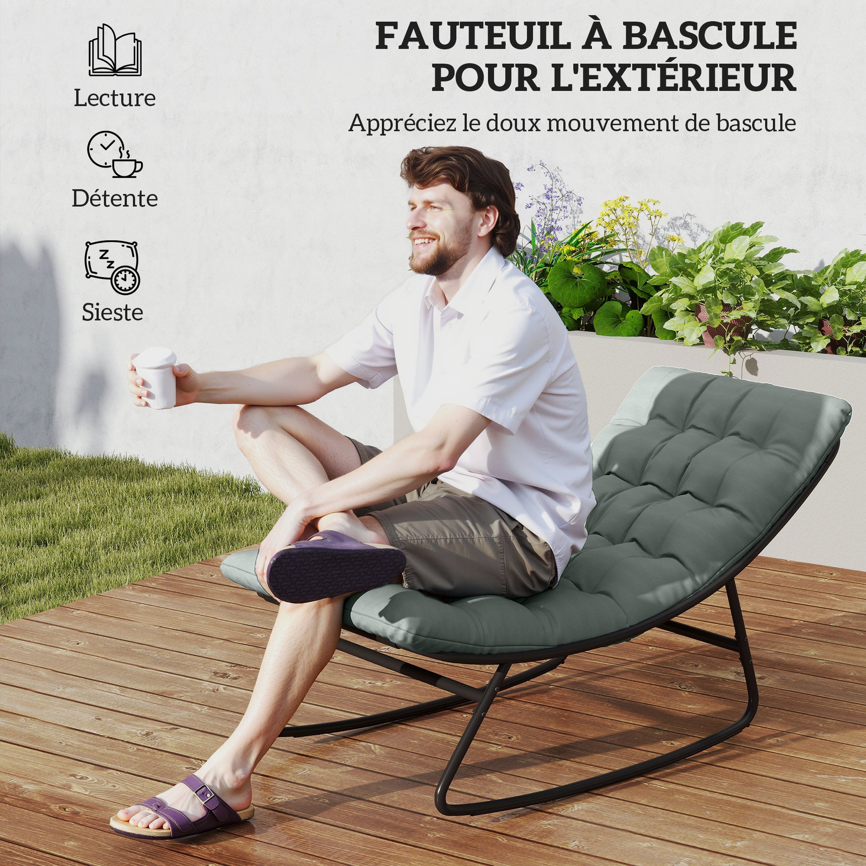 Lot de 2 fauteuils à bascule extérieur avec coussins épais, siège tissu textilène respirant et cadre en acier, gris