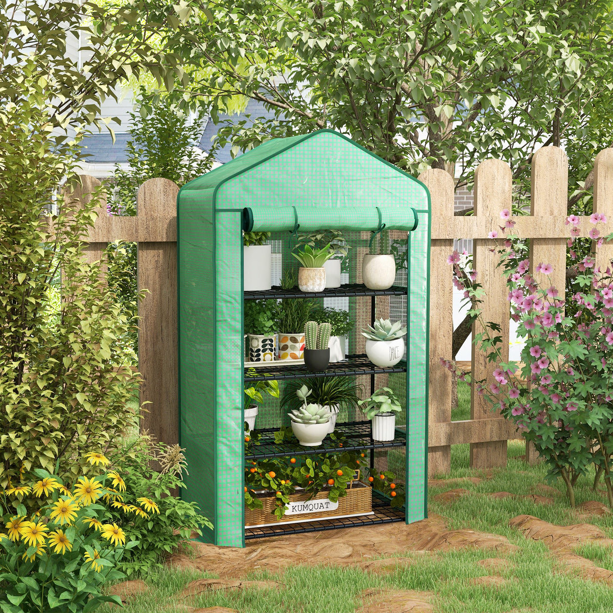 Serre de Jardin Balcon étagère Serre 4 Niveaux 90L x 49l x 160H cm Acier galvanisé bâche Amovible PE Haute densité Vert