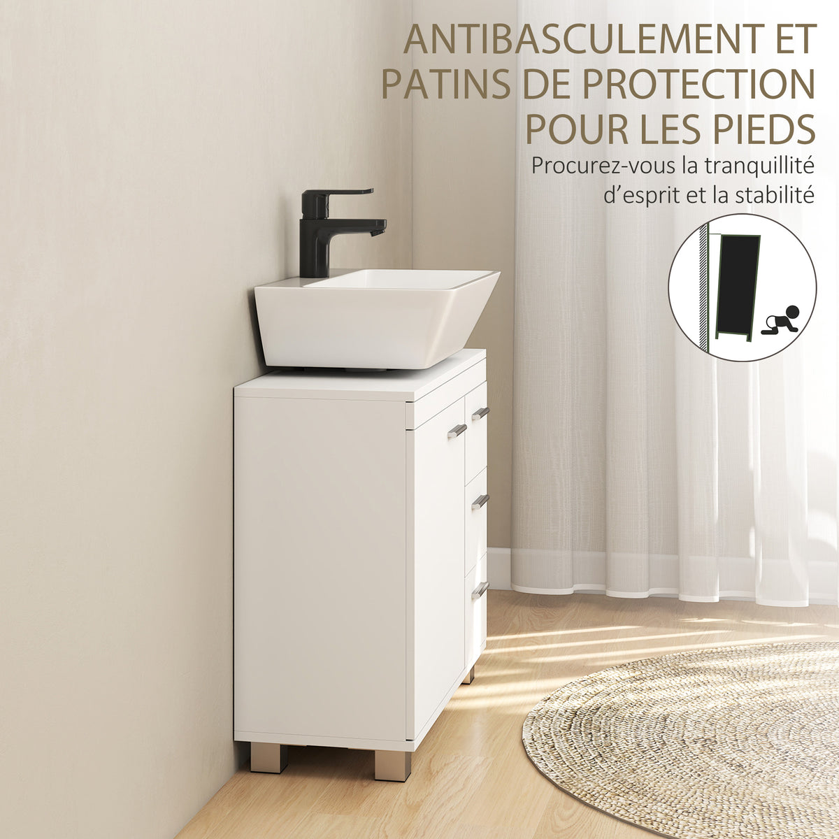 Meuble sous lavabo, meuble de salle de bain avec 3 tiroirs et porte à fermeture amortie, 70 x 30 x 64 cm, blanc