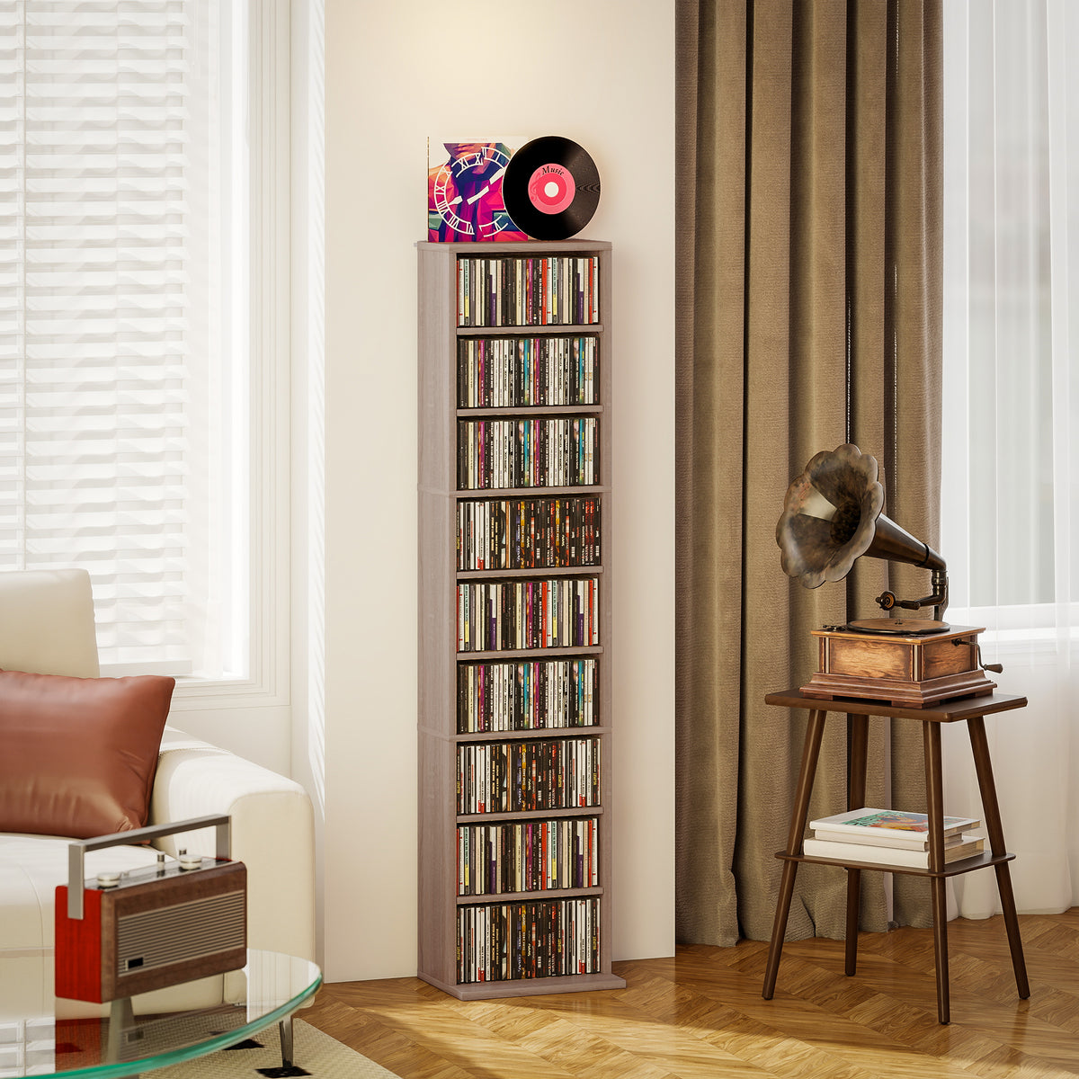 Rangements pour CD et DVD 9 compartiments et 6 étagères réglables capacité max. 260 CD/120 DVD 33 x 24 x 140 cm bois naturel
