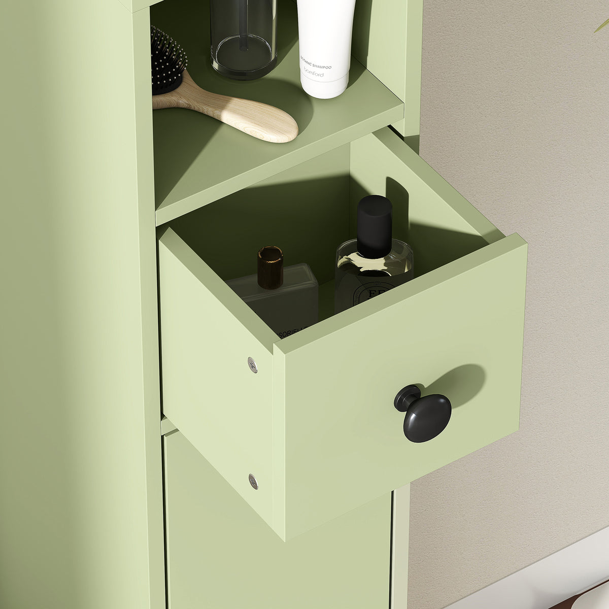 Tall bathroom storage cabinet, 1 drawer, 4 adjustable shelves and 2 cupboards, 20 x 20 x 180 cm, green
