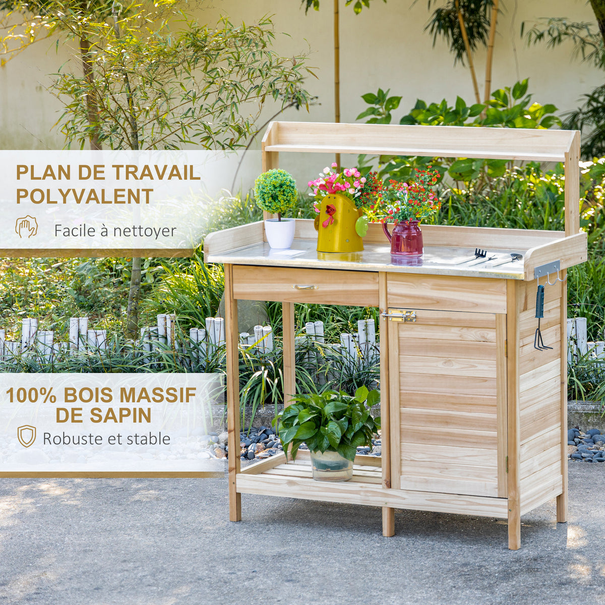 Table de rempotage table de jardinage avec 2 étagères, tiroir, placard, plateau tôle acier galvanisé avec
