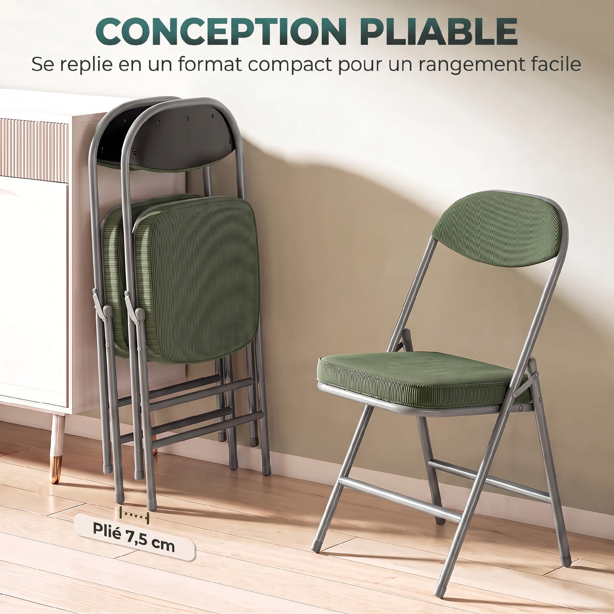 Lot de 2 chaises pliantes chaises de salle à manger portables avec assises et dossiers rembourrés en velours côtelé vert