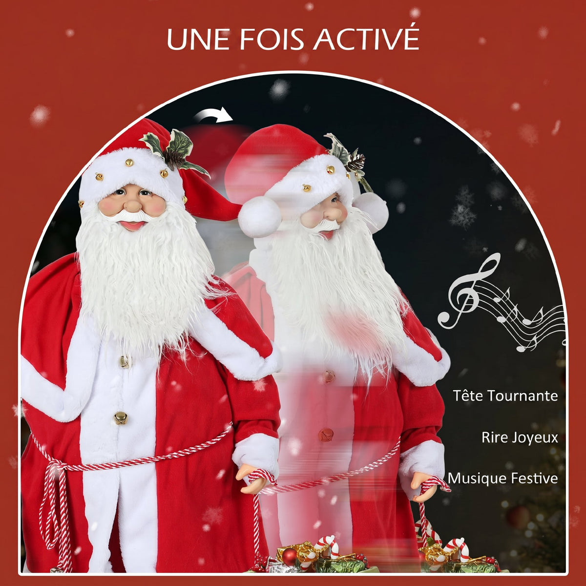 Figurine de Père Noël, Debout de Père Noël Rouge Traditionnelle 140 cm avec Sac de Cadeaux, Effets Sonores et Cloche