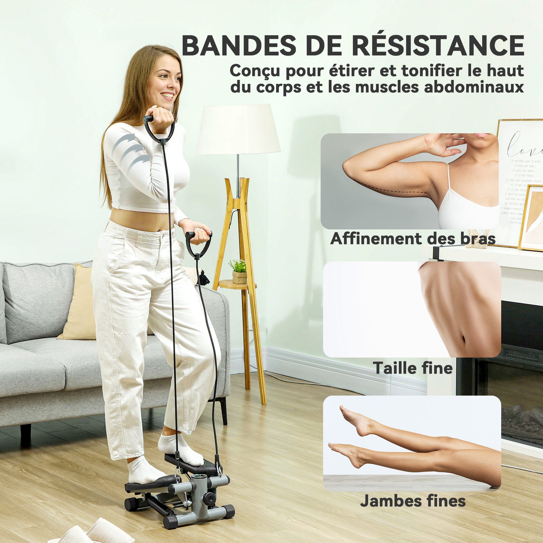 Mini stepper de fitness machine de step bandes de résistance, écran LCD et pédales antidérapantes 41x30,5x18,5cm gris