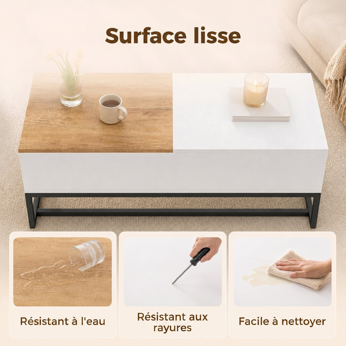 Table Basse Extensible avec Plateau Coulissant, Table de Salon avec Rangement Caché et Pieds en Acier, Blanc