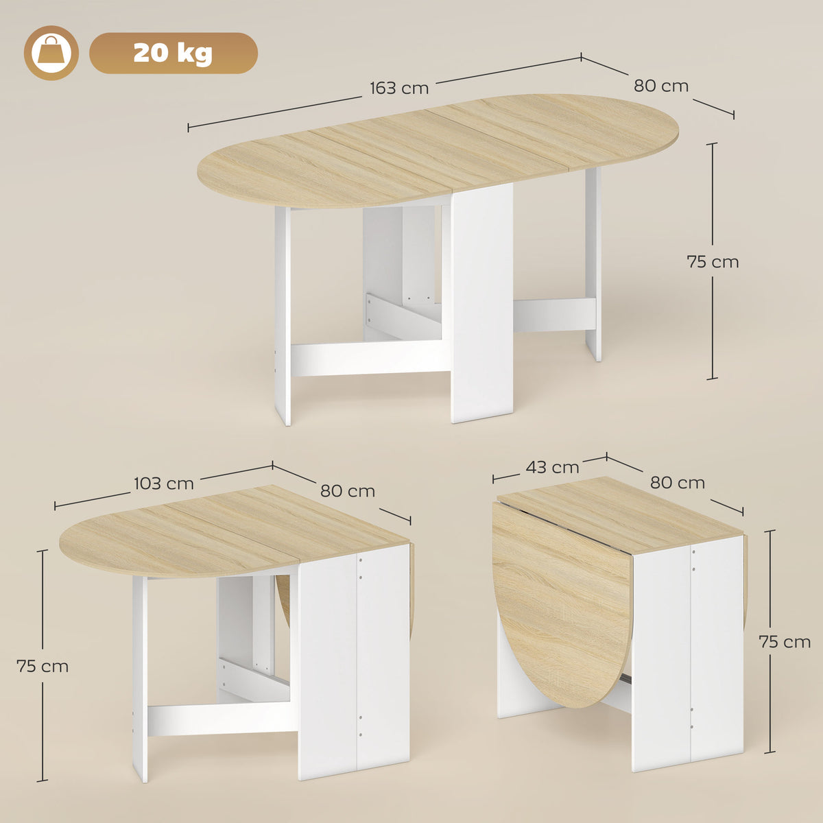 Inklapbare eettafel, ovale keukentafel inklapbaar voor maximaal 6 personen, voor kleine ruimtes, eetkamer, naturel hout