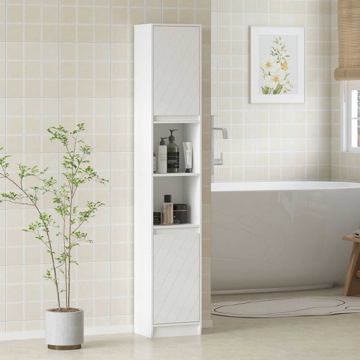 Meuble colonne salle de bain, meuble de rangement avec 2 portes, 2 compartiments ouverts, , 30 x 24 x 170 cm, blanc