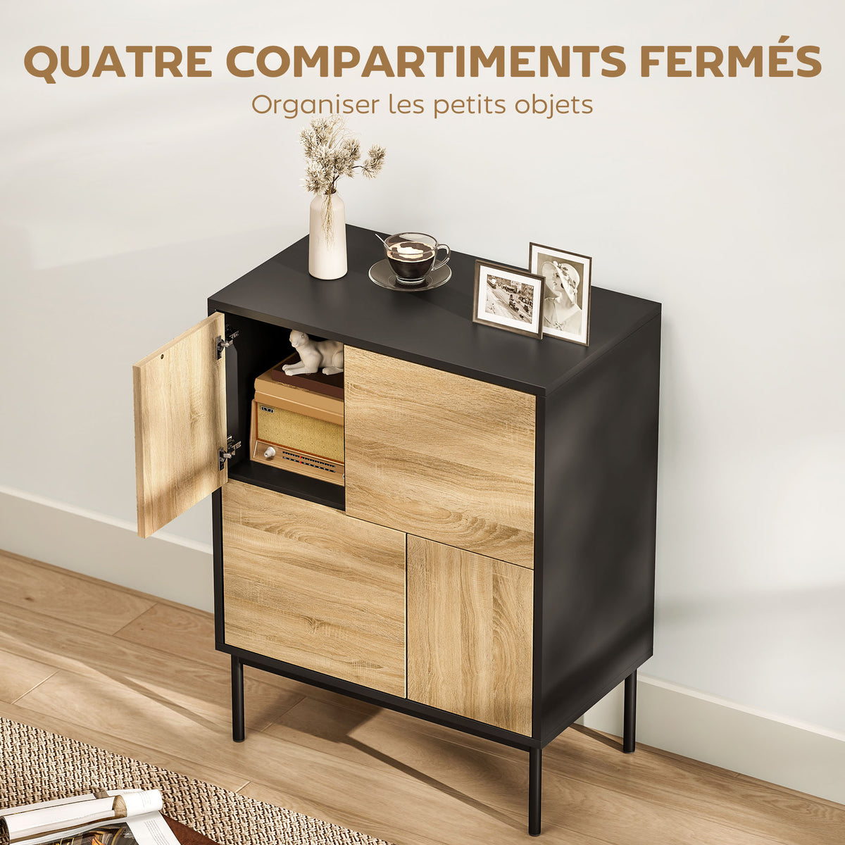 Buffet salon meuble de rangement armoire de cuisine portes à pousser et 4 placards style moderne 60 x 35 x 78 cm, noir