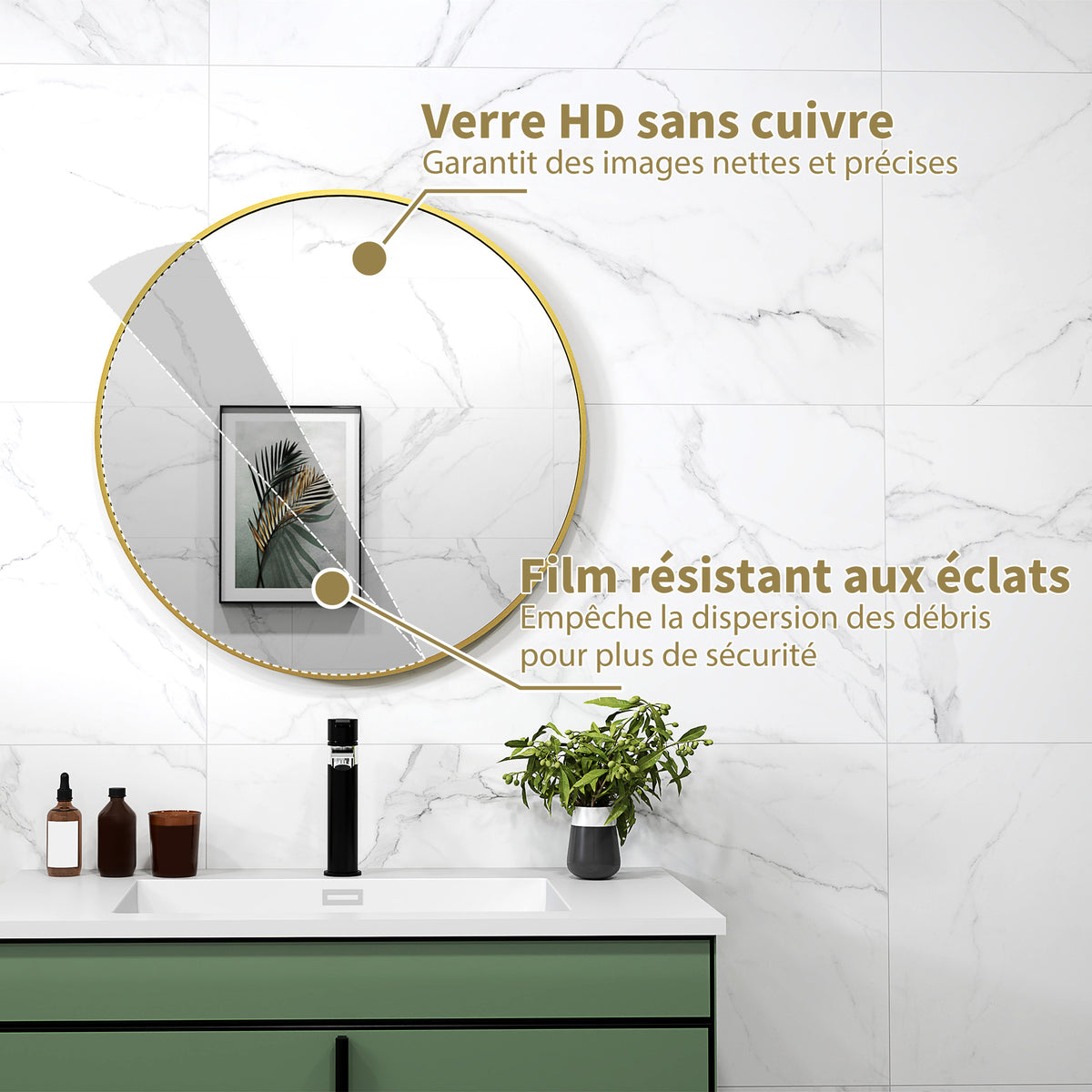 Miroir rond miroir salle de bain cadre en métal facile à installer, pour chambre, salon, entrée, Ø 70 x 2,5 cm or