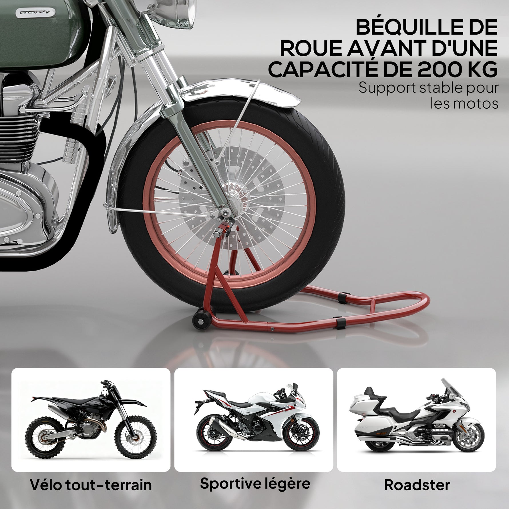 Support pour moto, béquille avant pour moto avec goupille réglable et adaptateurs pour bras oscillant, rouge