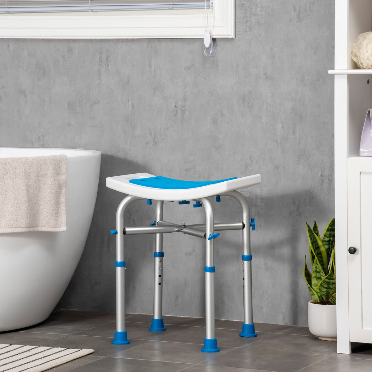 Tabouret de douche chaise de douche - assise rembourré et réglable, patins à ventouses antidérapants, en aluminium bleu