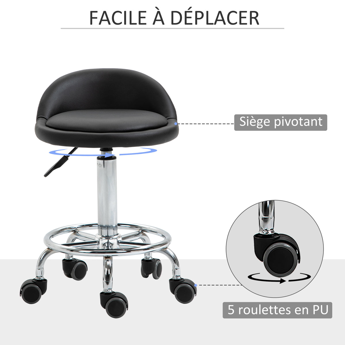 Lot de 2 tabouret à roulette pivotant 360°, assise réglable 47-62H cm, acier chromé revêtement synthétique noir