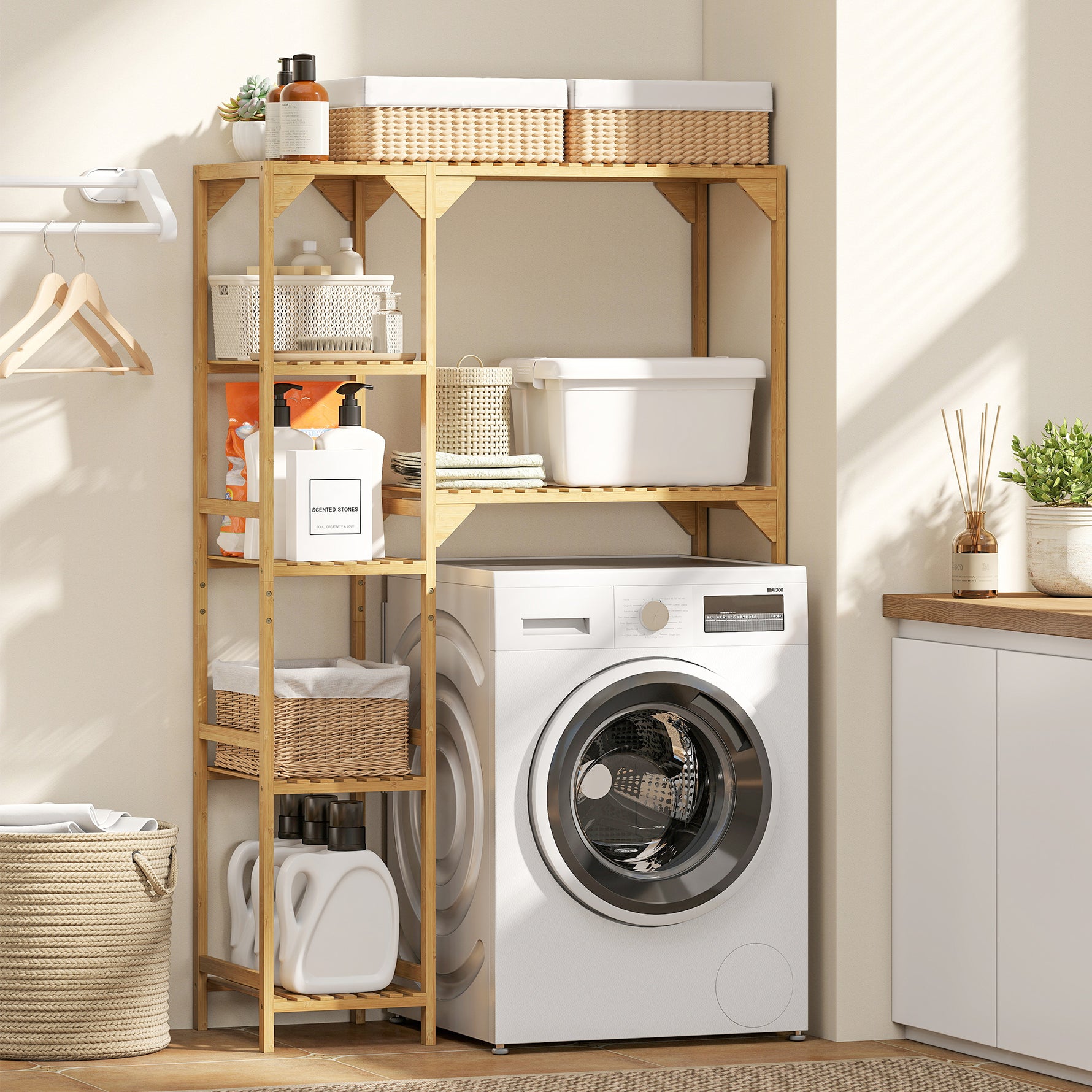 Étagère au-dessus de Machine à Laver en Bambou, Meuble de Salle de Bain Moderne avec Étagères Réversibles, Bois Naturel