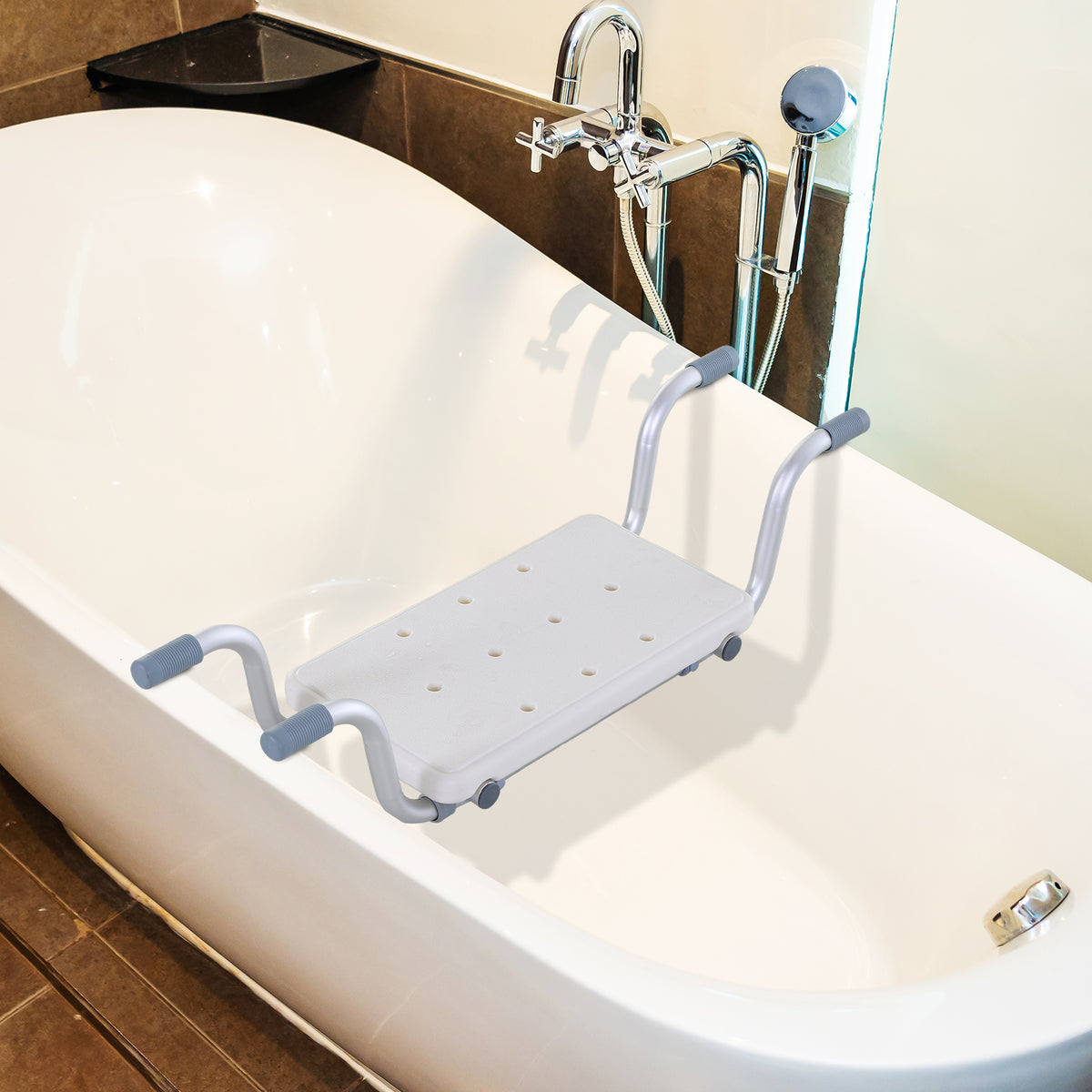 Badewannensitz – verstellbarer Einhängesitz – Duschhocker – Maße 73–83L x 22B x 18H cm – Aluminium/HDPE Weiß