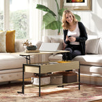Table basse avec plateau relevable, table de salon avec compartiment caché et étagère ouverte, 95x40x59cm, bois naturel
