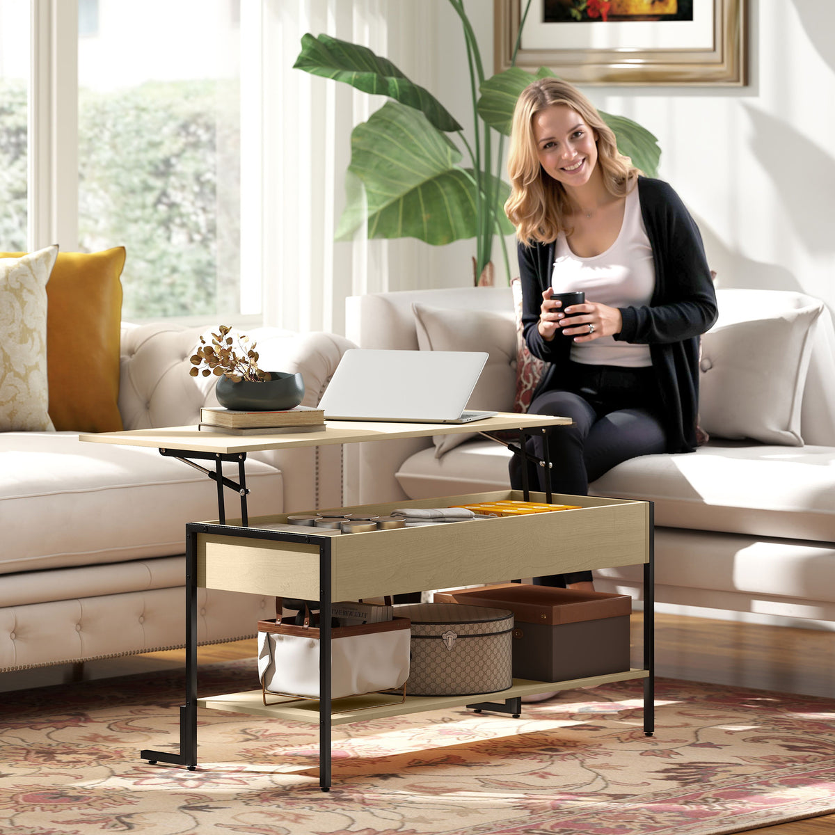 Table basse avec plateau relevable, table de salon avec compartiment caché et étagère ouverte, 95x40x59cm, bois naturel