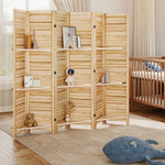 Paravent intérieur en bois 4 panneaux 160 x 170 cm, séparateur de pièce pliable 3 étagères, bois naturel effet brûlé