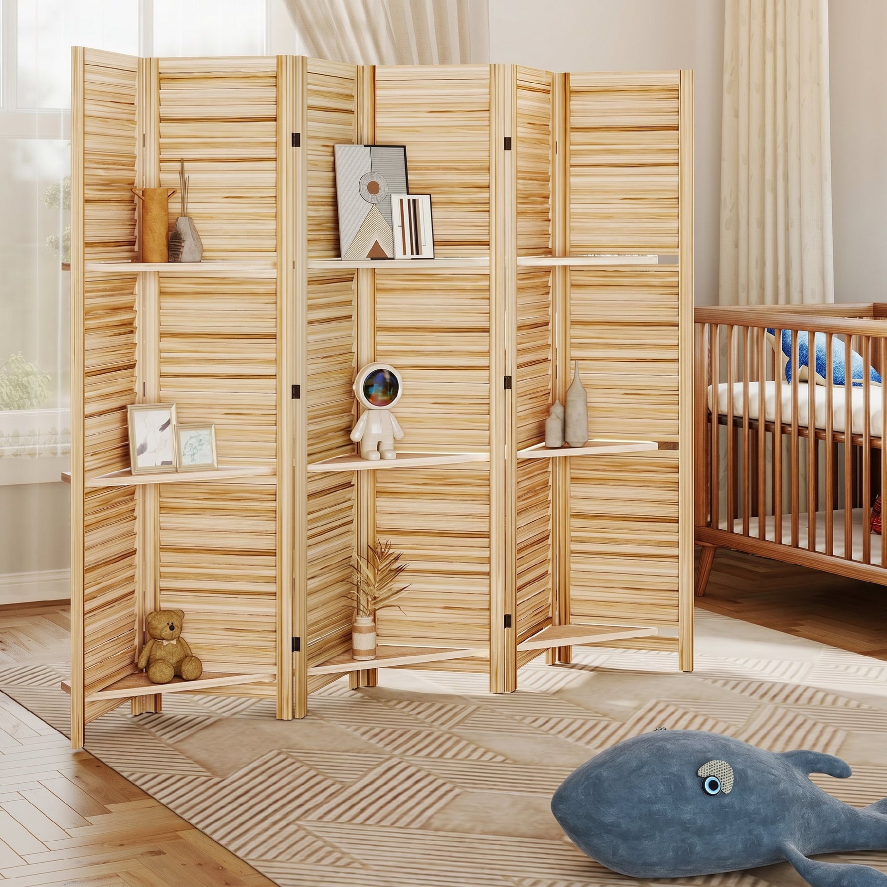 Paravent intérieur en bois 4 panneaux 160 x 170 cm, séparateur de pièce pliable 3 étagères, bois naturel effet brûlé