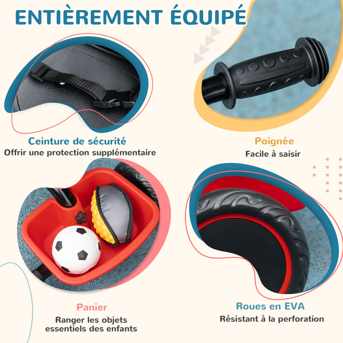 Tricycle pour enfant évolutif avec siège réglable pédales 2 paniers ceinture pour enfant de 2 à 5 ans rouge et noir