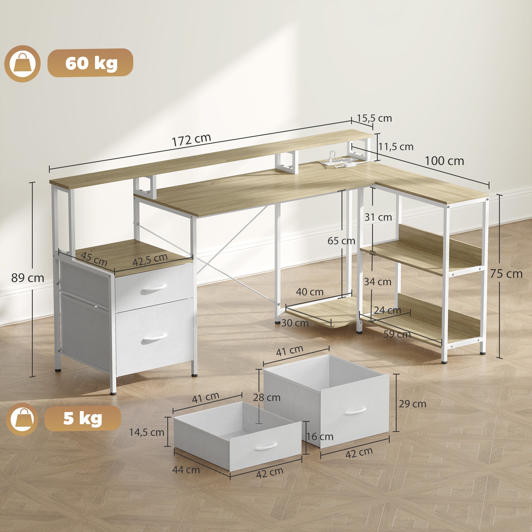 Bureau d'angle avec prises et lumières LED RGB, bureau d'ordinateur, 172 x 100 cm, support d'écran, 2 tiroirs, blanc