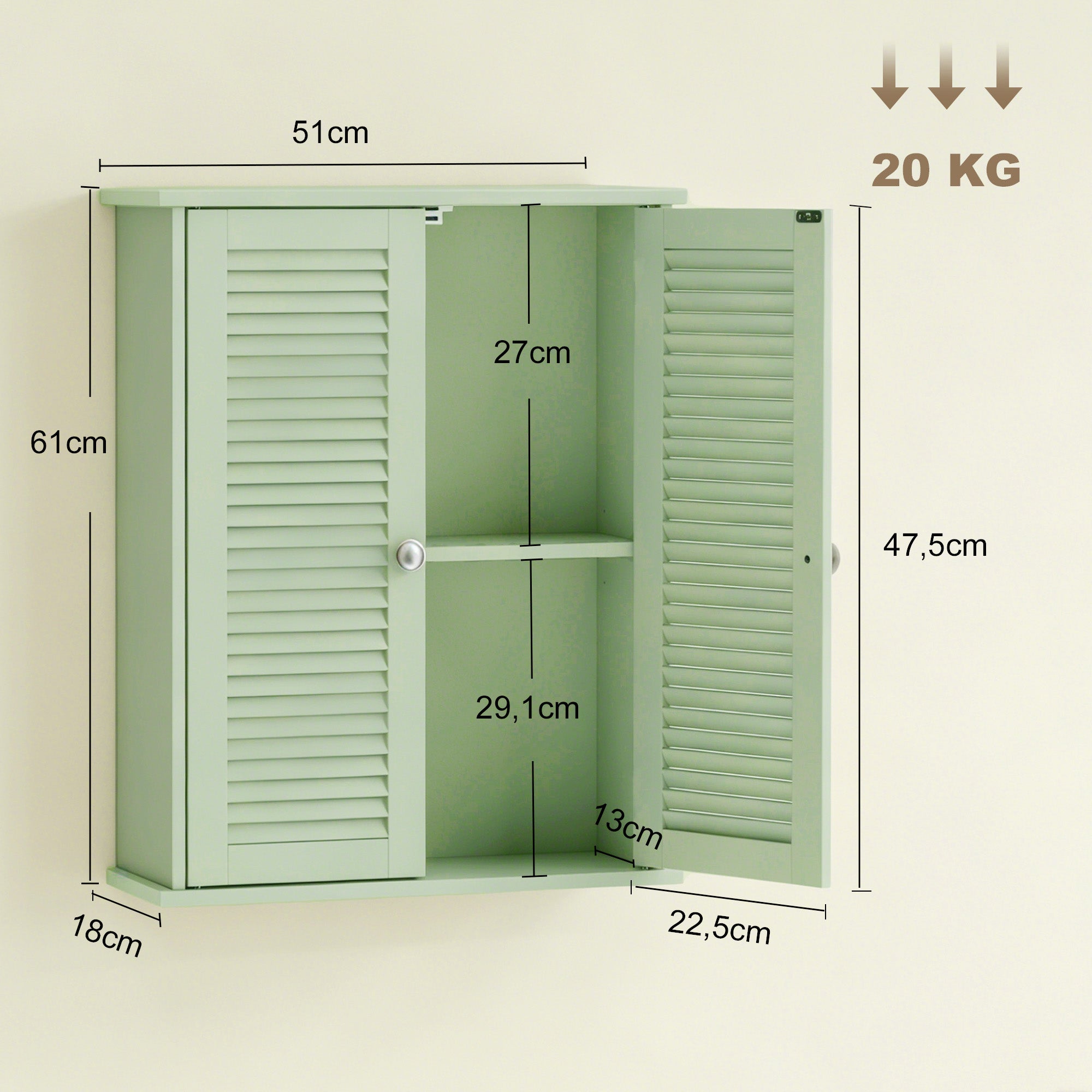 Armadietto da bagno a parete, mobile pensile con 2 ante a persiana e ripiano regolabile, verde