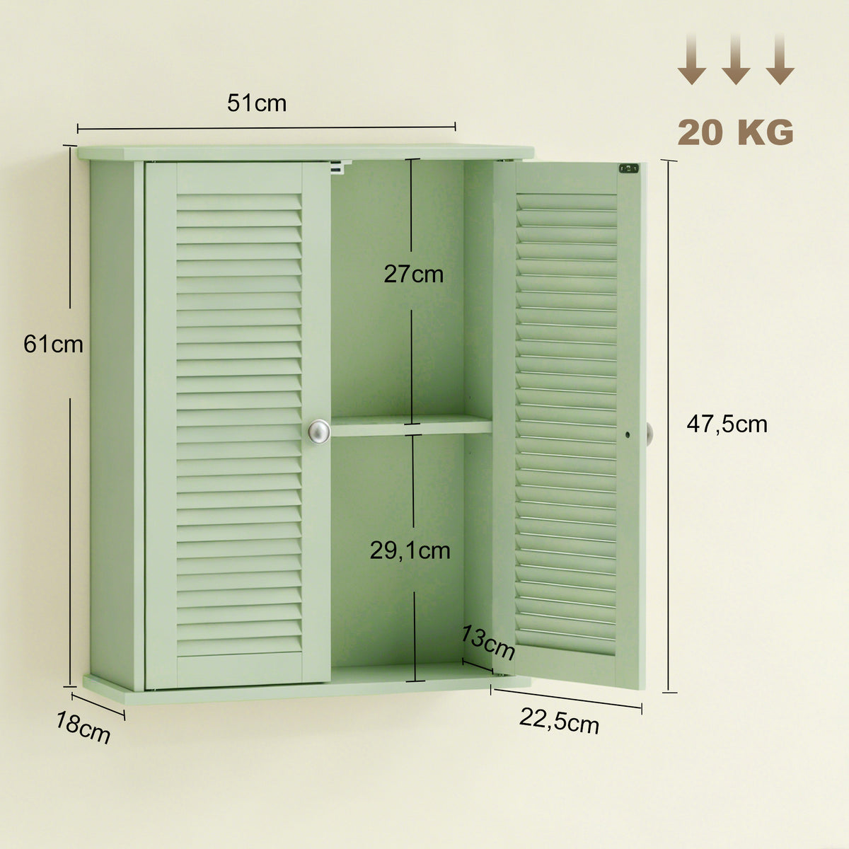 Armoire murale de salle de bain, meuble de rangement suspendu avec 2 portes persiennes et étagère réglable, vert
