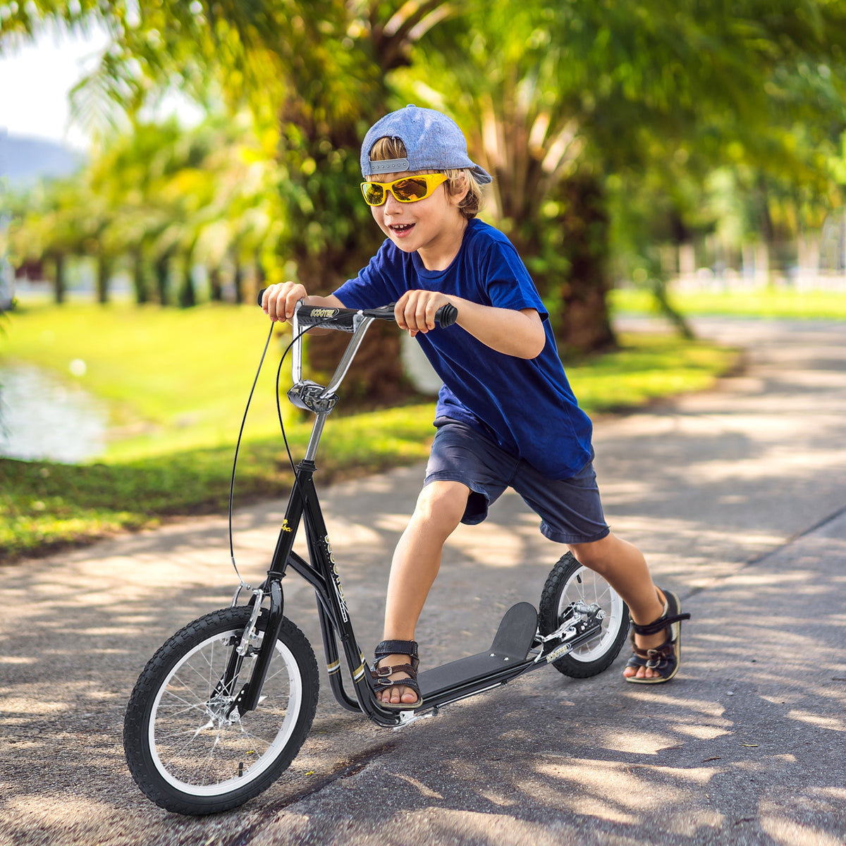 Geländegängiger Kinderroller Fahrradroller ab 5 Jahren, große Luftreifen, verstellbarer Lenker, Griffe, Bremsen und Ständer, für Erwachsene und Kinder, Stahl, Schwarz