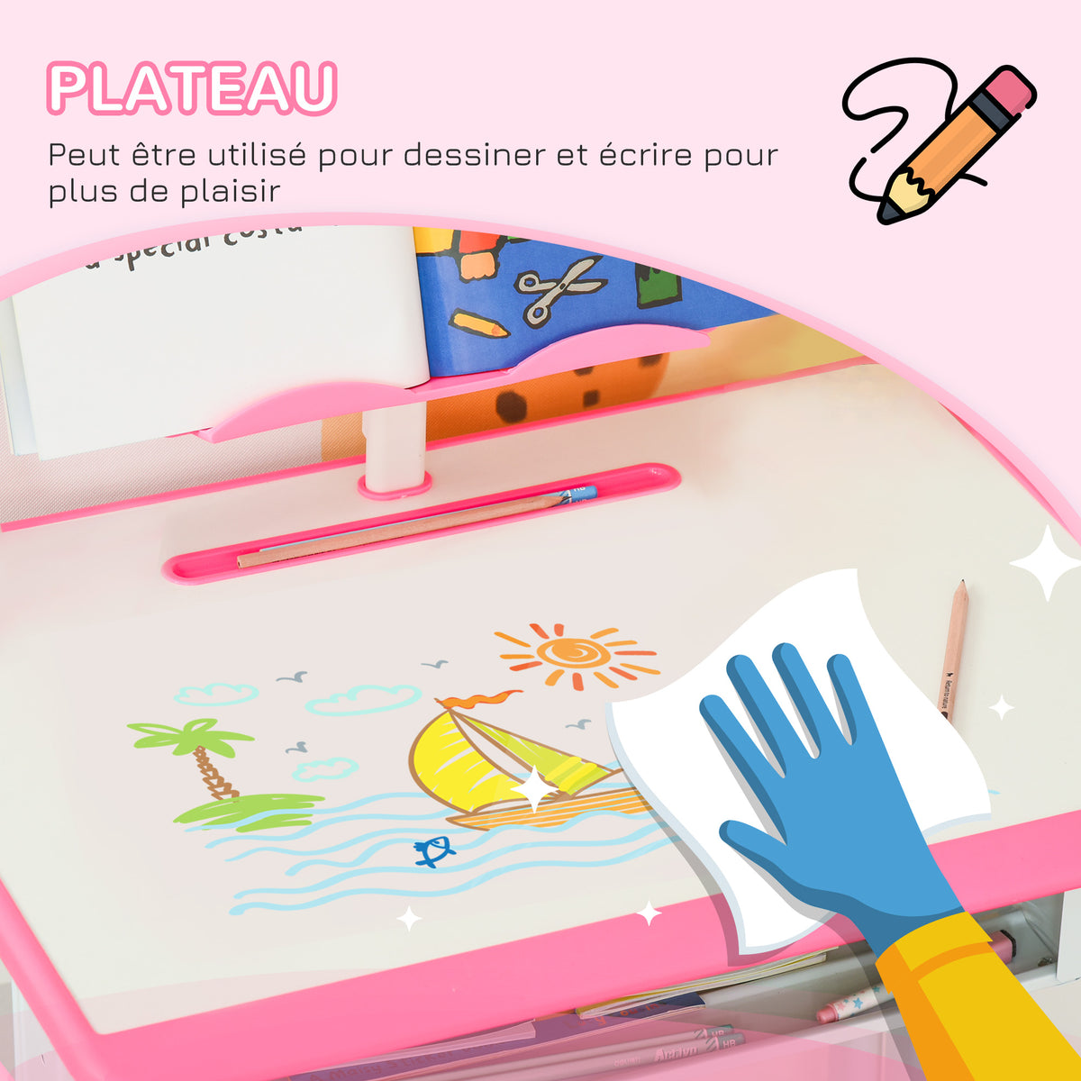 Bureau et chaise pour enfant avec support de lecture casier crochet et porte stylo 60 x 45x 90-102 cm rose