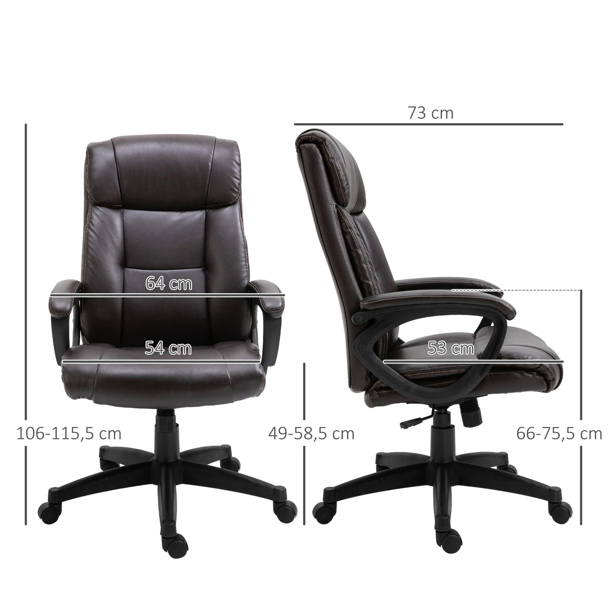 Bureaustoel ergonomische bureaustoel verstelbaar zwenkwielen 360° draaibaar PU-kunstleer bekleding 64 x 73 x 106-115,5 cm chocolade