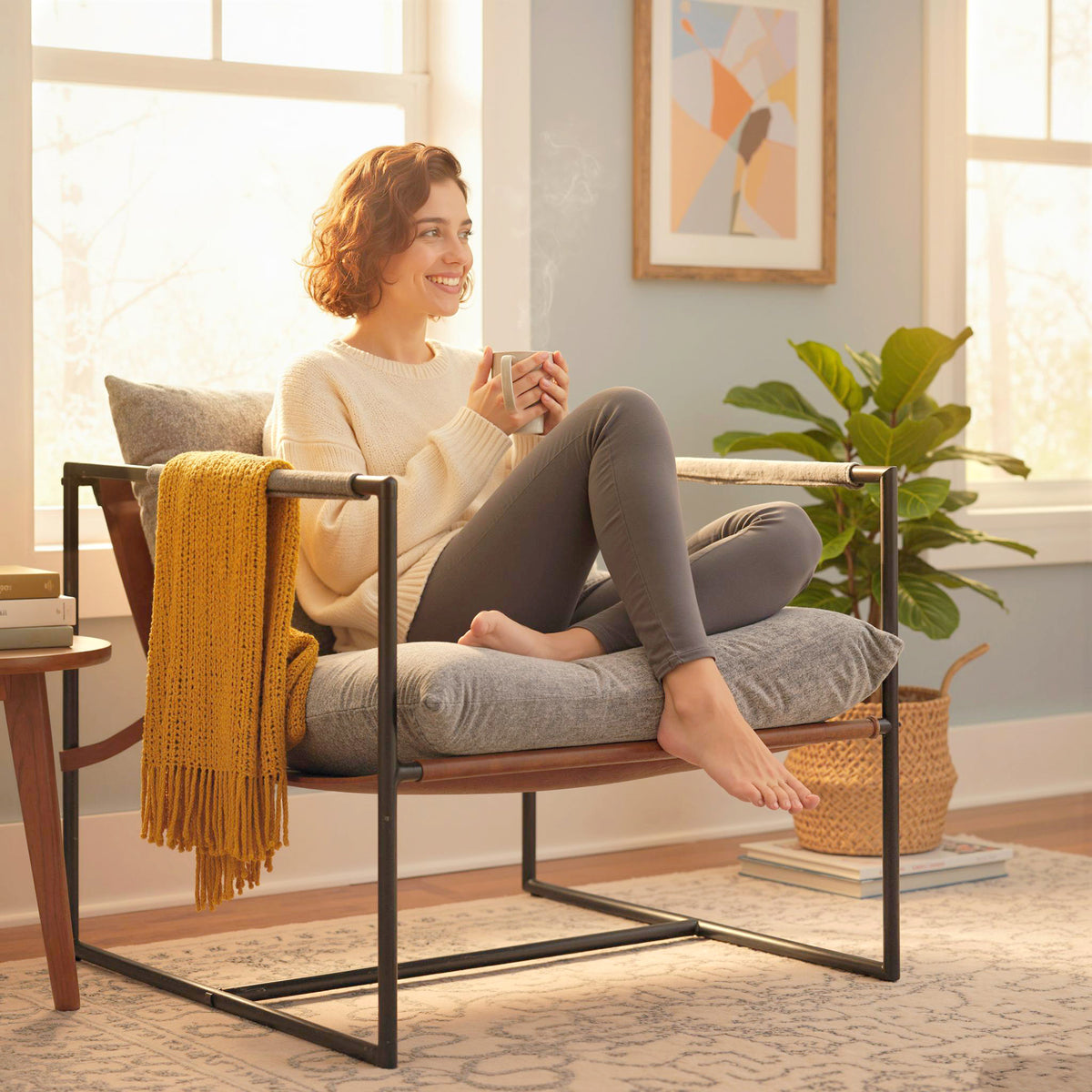 Fauteuil salon, fauteuil d'appoint rembourré en velours imprimé, large assise et structure en acier, 77x91x80cm, gris