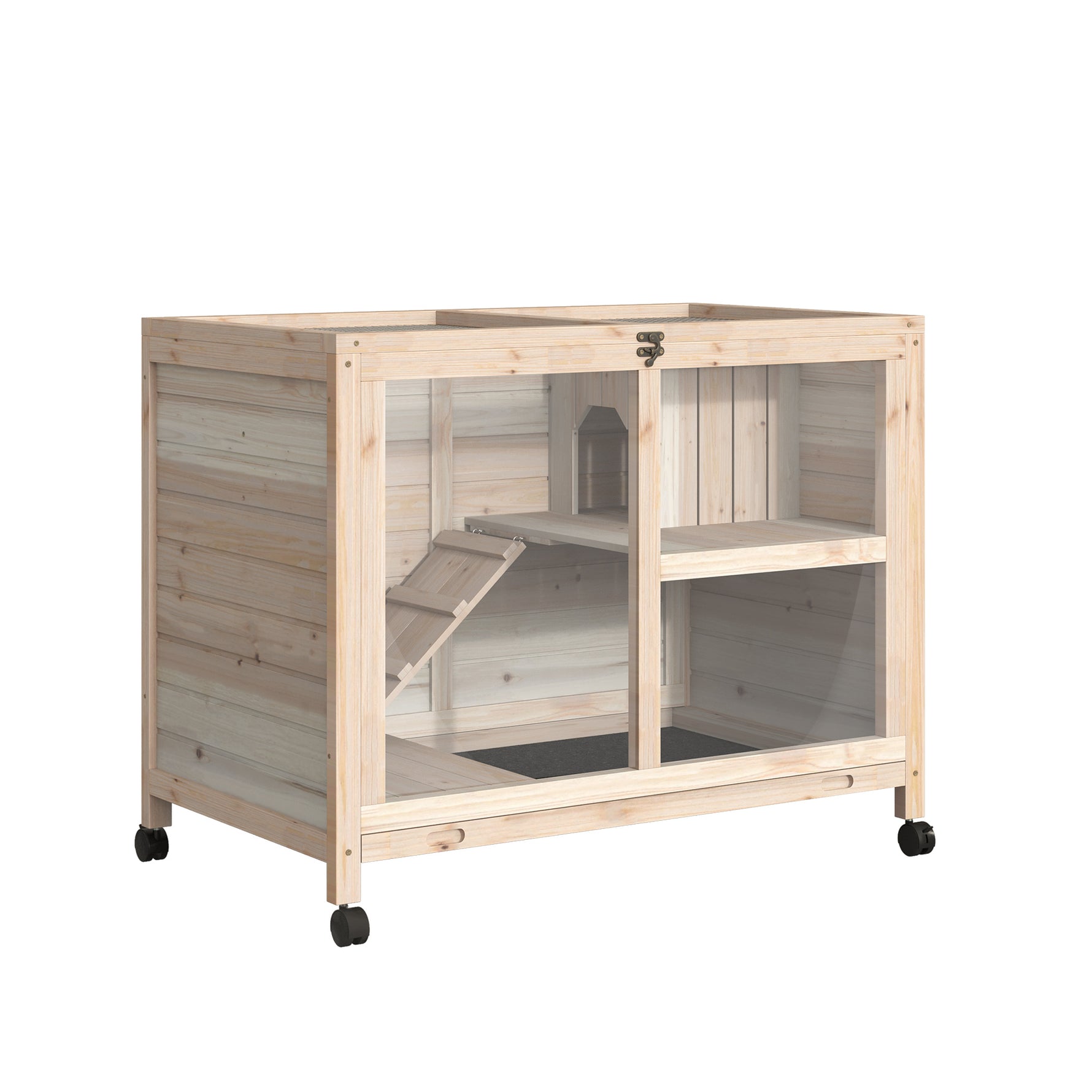 Cage à lapin clapier sur roulettes petit enclos animaux en bois massif 2 étages toit ouvrant plates-formes 91,5 x 53,3 x 73 cm bois naturel