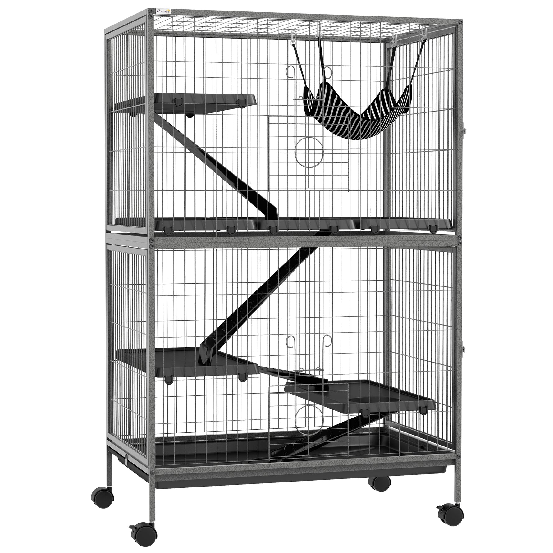 Cage pour rongeurs Multifonction 4 Plateformes 3 rampes 4 Portes dim. 80L x 52l x 128H cm acier Gris argenté Noir
