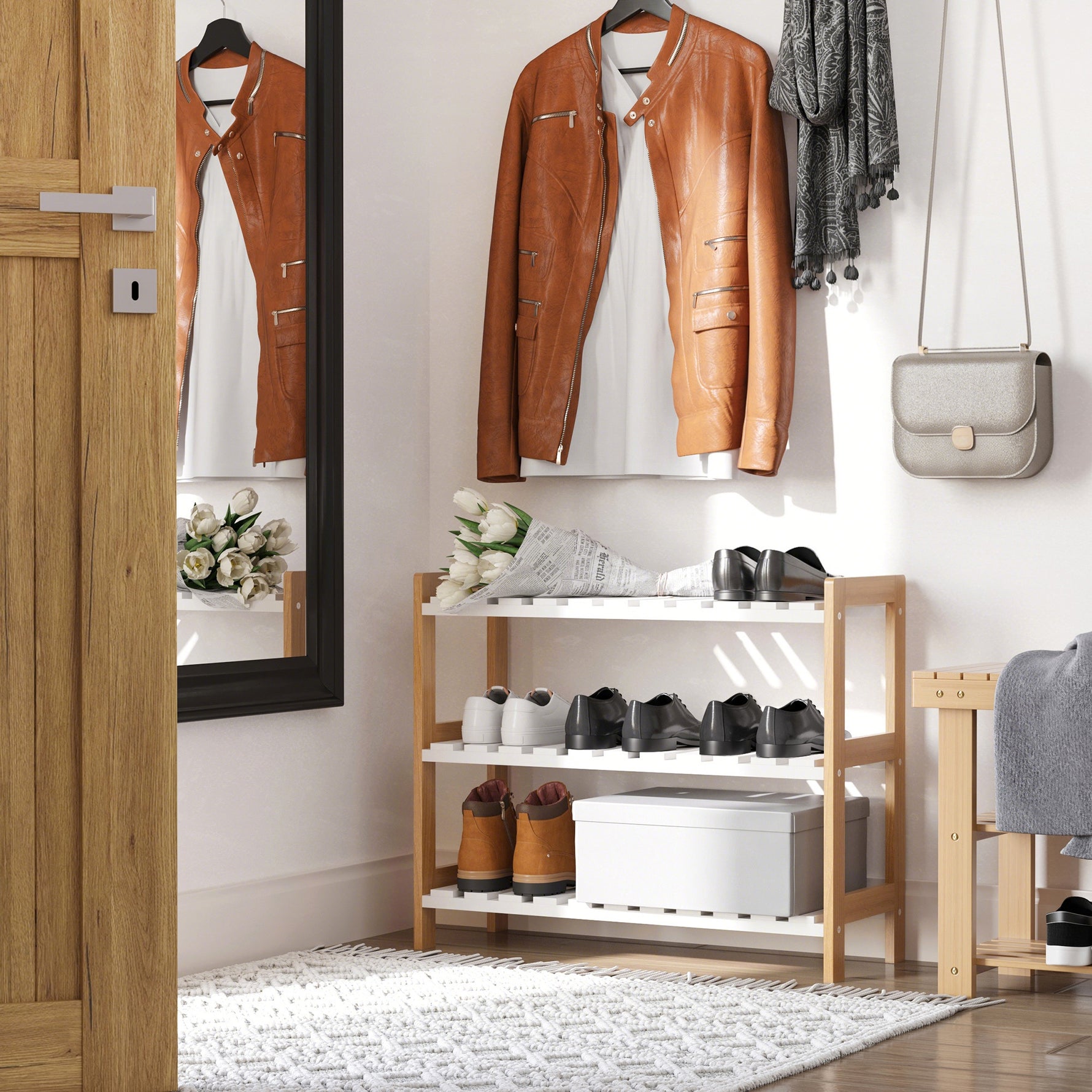 Étagère à chaussures à 3 niveaux, porte-chaussures en bois de pin avec 3 étagères à lattes, pour salon, entrée, 70 x 26 x 57,5 cm, blanc et effet bois naturel