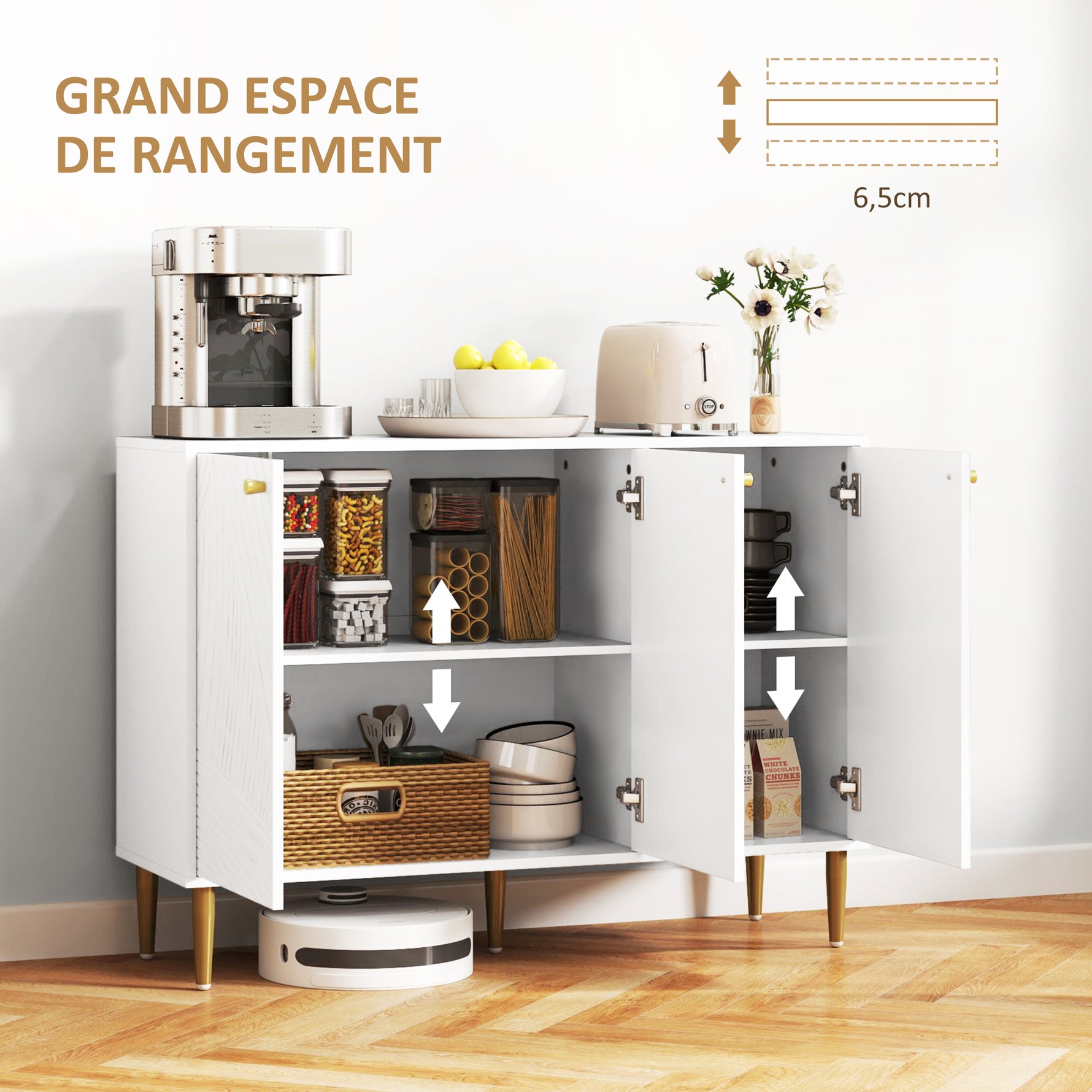 Buffet meuble de rangement avec 2 placard 3 portes étagères ajustables pieds dorés en acier 107 x 35 x 77 cm blanc